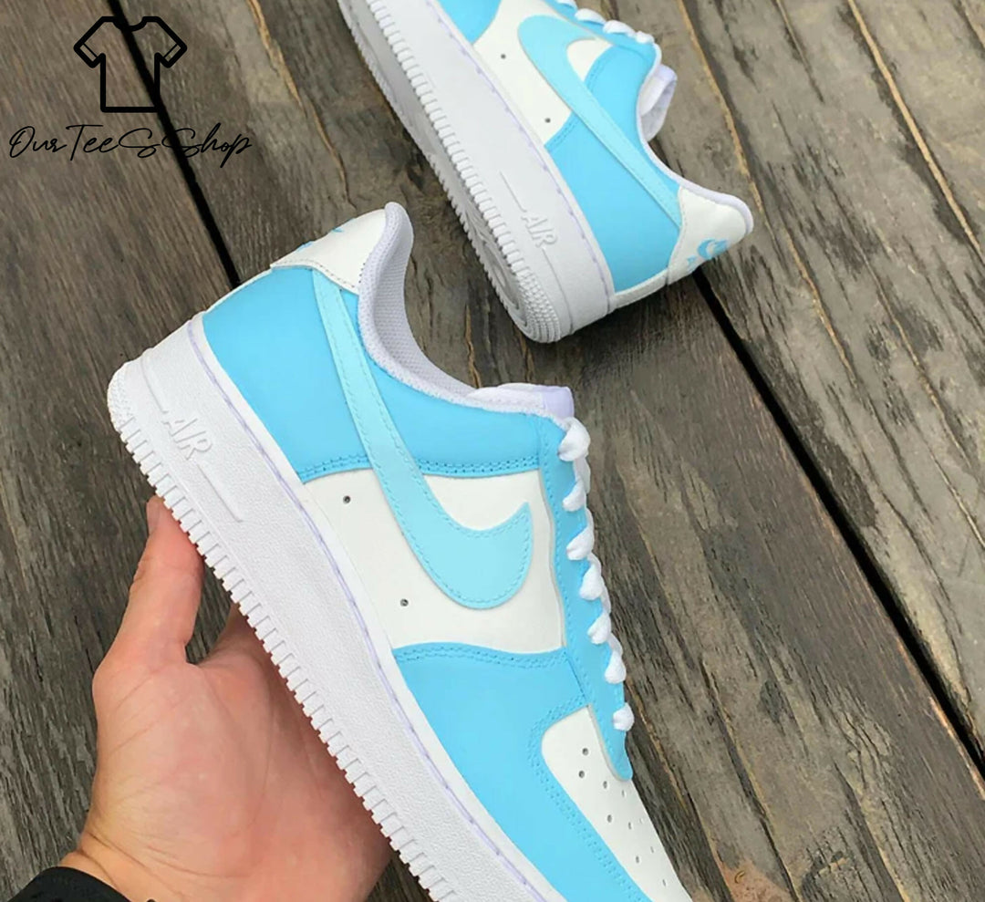 Custom Ice Blue AF1 Sneakers, Hand Painted Personalized Shoes