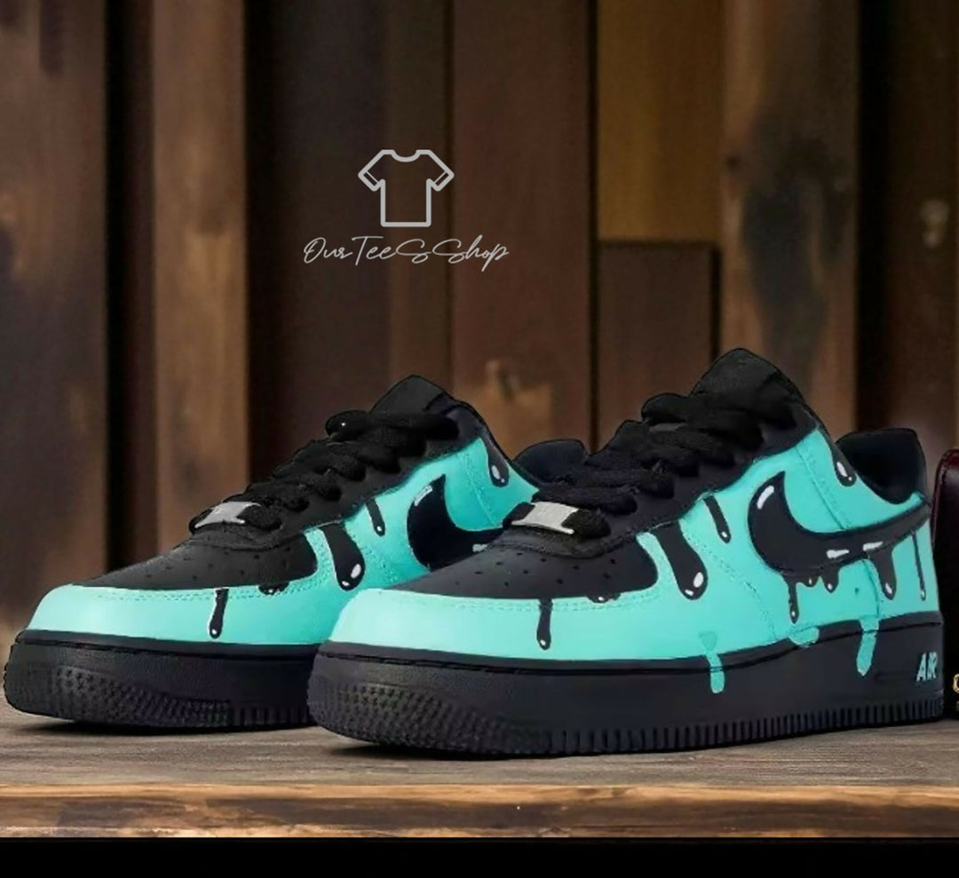 Custom Blue Light Drip Black AF1 Sneakers, Hand Painted Personalized Shoes