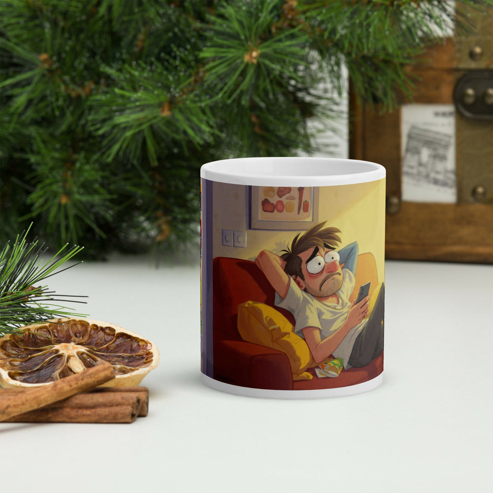 Between Scrolls and Snacks – Cozy Humor Mug- on Lucasgift