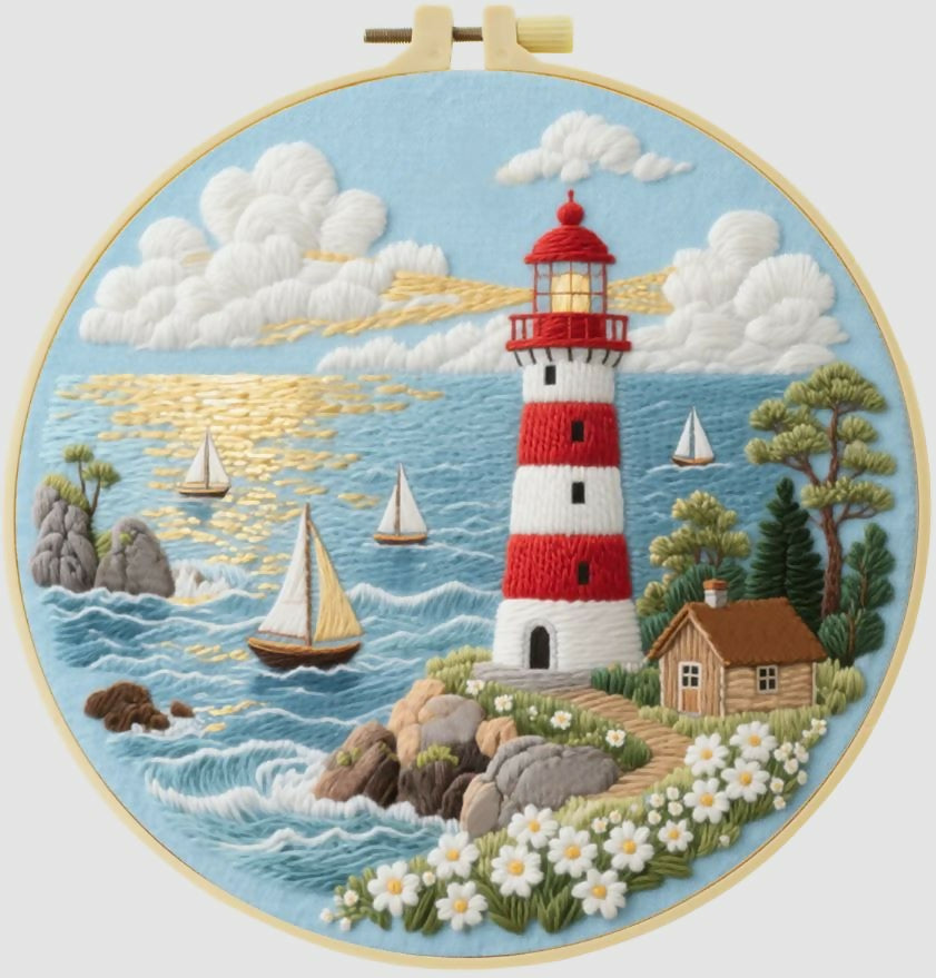 Cross Stitch Kits for Beginners | Lighthouse on Island (20cm with frame)- on Lucasgift