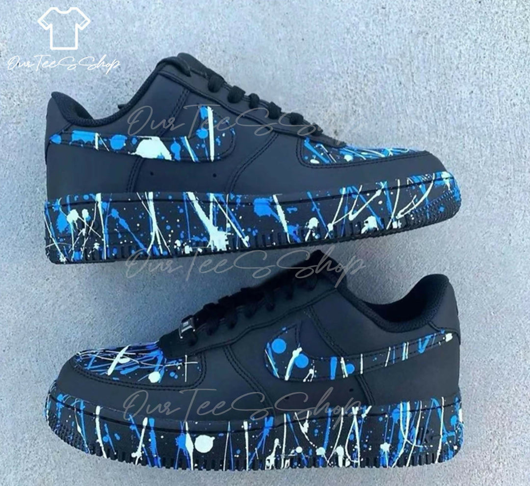 Custom Blue Splatter Black AF1 Sneakers, Hand Painted Personalized Shoes