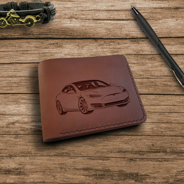 Electric Car Gifts. Personalized Leather Wallet. Engraved Wallet. Custom Slim Bifold Minimalist Leather Wallet for Men. Custom Car Lovers Gifts- on Lucasgift