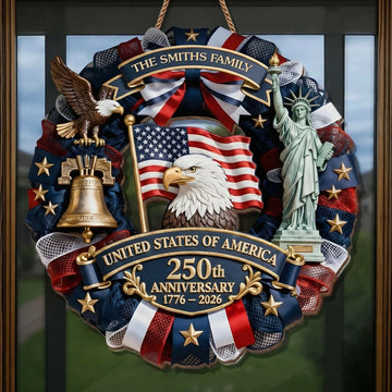 Personalized America 250th Anniversary Wood Wreath 1776-2026 Patriotic Door Sign Semiquincentennial Family Name Decor- on Lucasgift