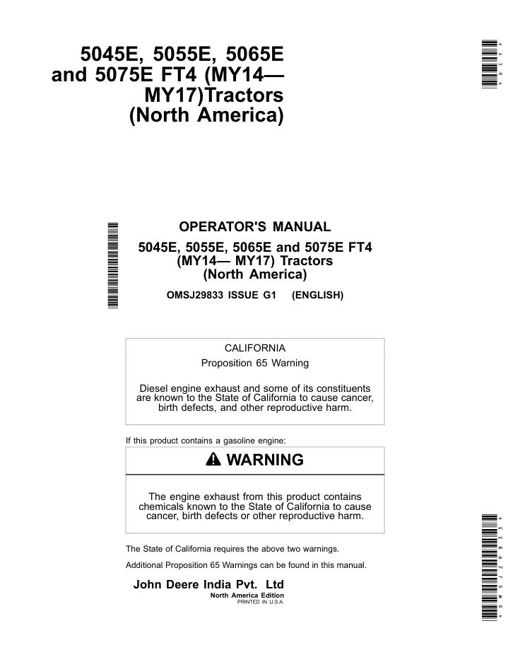 John Deere 5045E 5055E 5065E 5075E Tractors Operator Manual- on Lucasgift