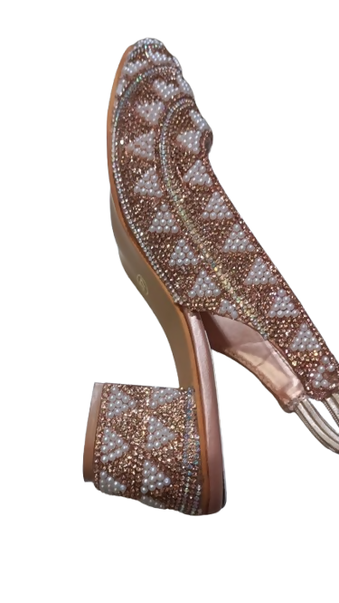 Women's Rose Gold Pearl Embellished Slingback Block Heel Sandals Party Shoes