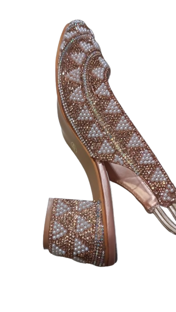 Women's Rose Gold Pearl Embellished Slingback Block Heel Sandals Party Shoes