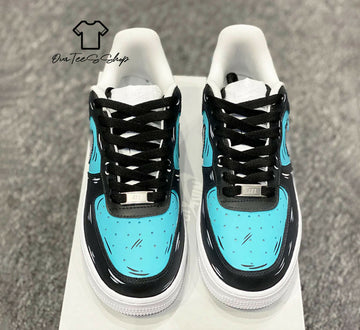 Custom Black And Blue Cartoon AF1 Sneakers, Hand Painted Personalized Shoes