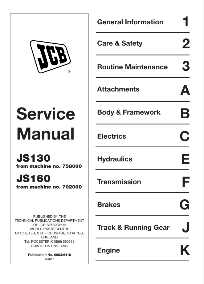 JCB JS 160 TRACKED CRAWLER EXCAVATOR SERVICE REPAIR SHOP MANUAL