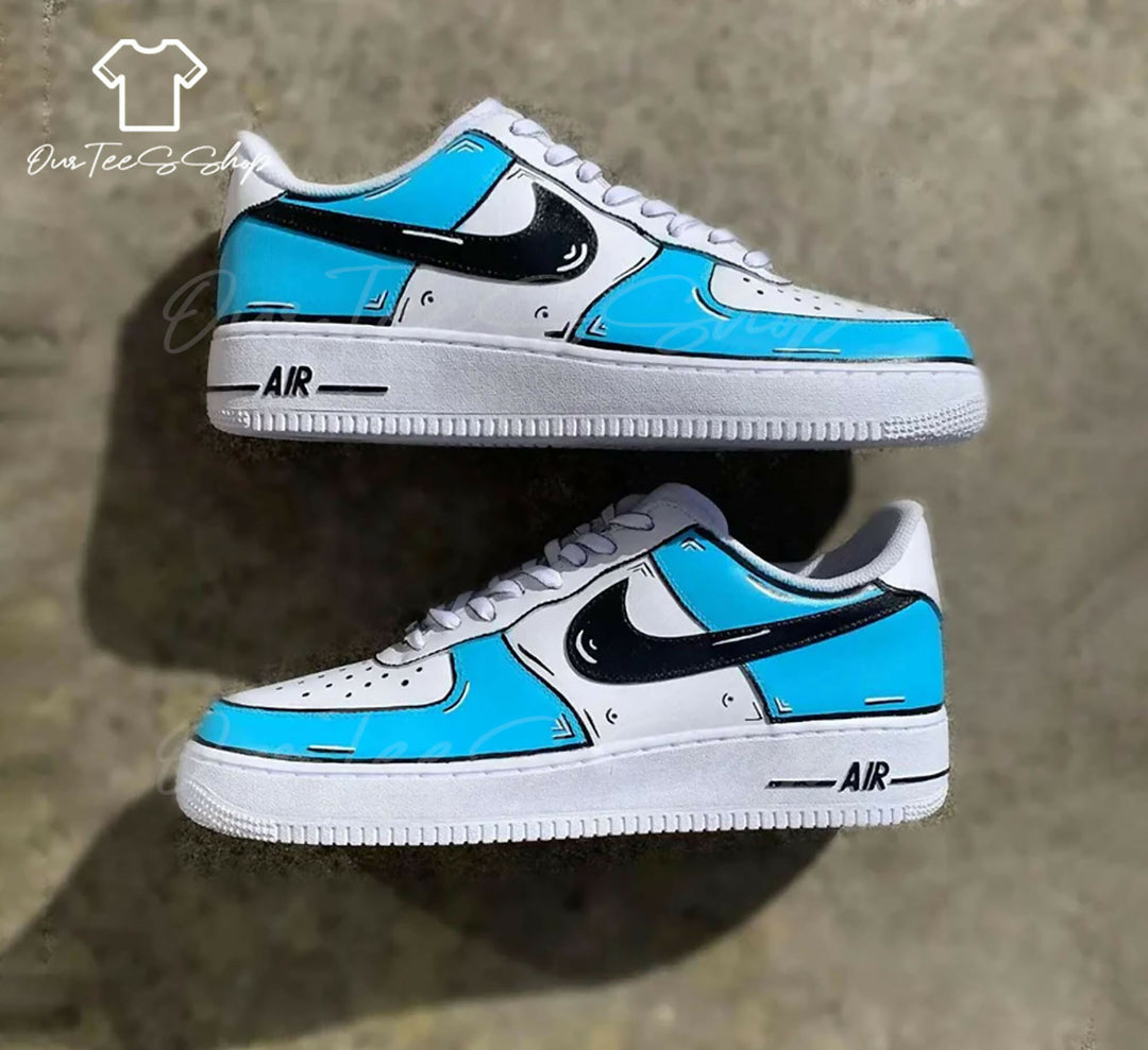 Custom Blue Black Cartoon AF1 Sneakers, Hand Painted Personalized Shoes