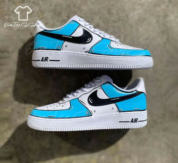 Custom Blue Black Cartoon AF1 Sneakers, Hand Painted Personalized Shoes