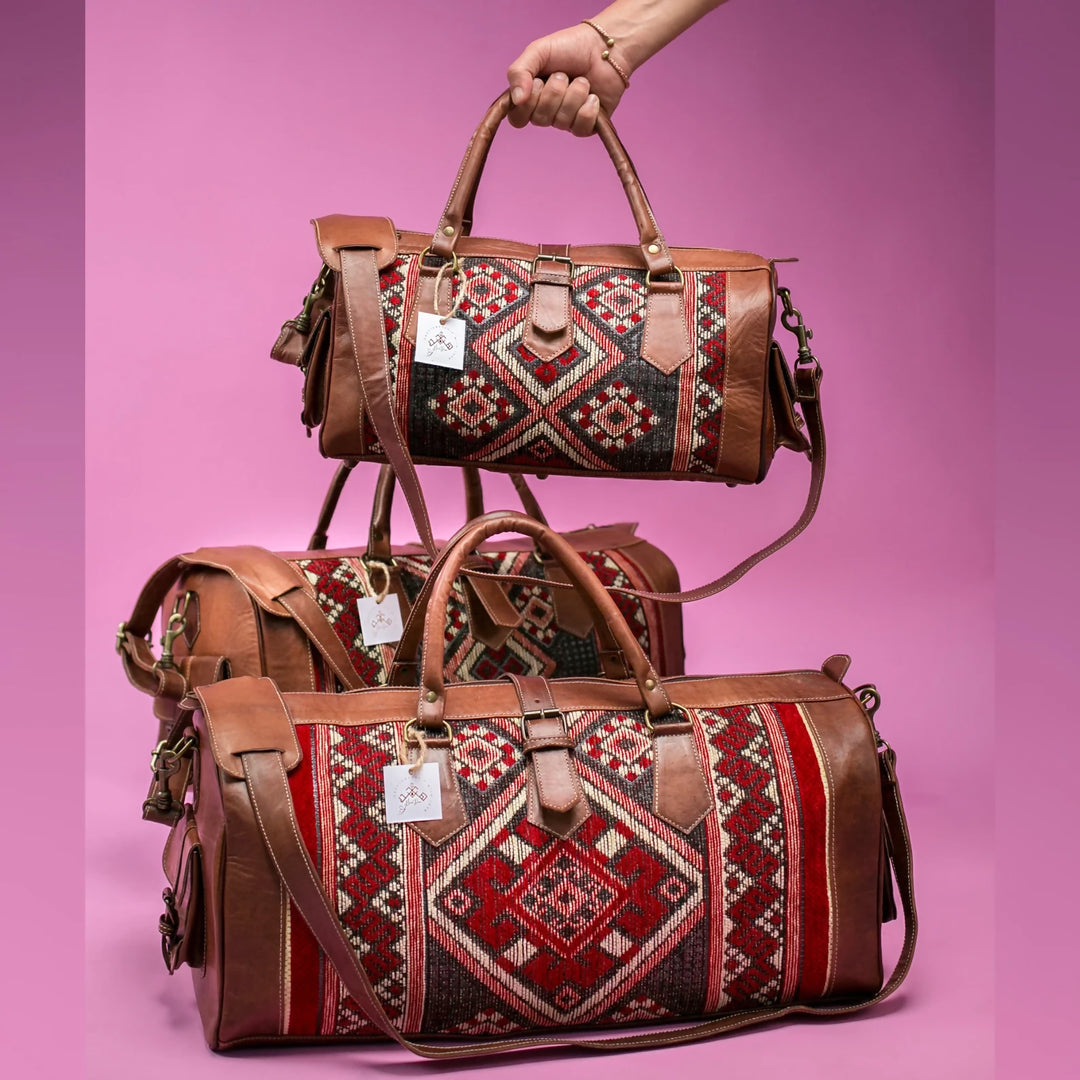 Personalized Kilim Travel Bag With Original Leather, Weekender Leather Bag for Woman or men, Red Carpet Travel Bag, Carp- on Lucasgift