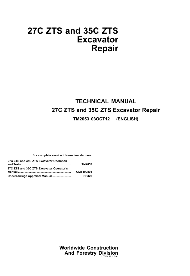 JOHN DEERE 27C ZTS 35C ZTS EXCAVATOR TECHNICAL MANUAL- on Lucasgift