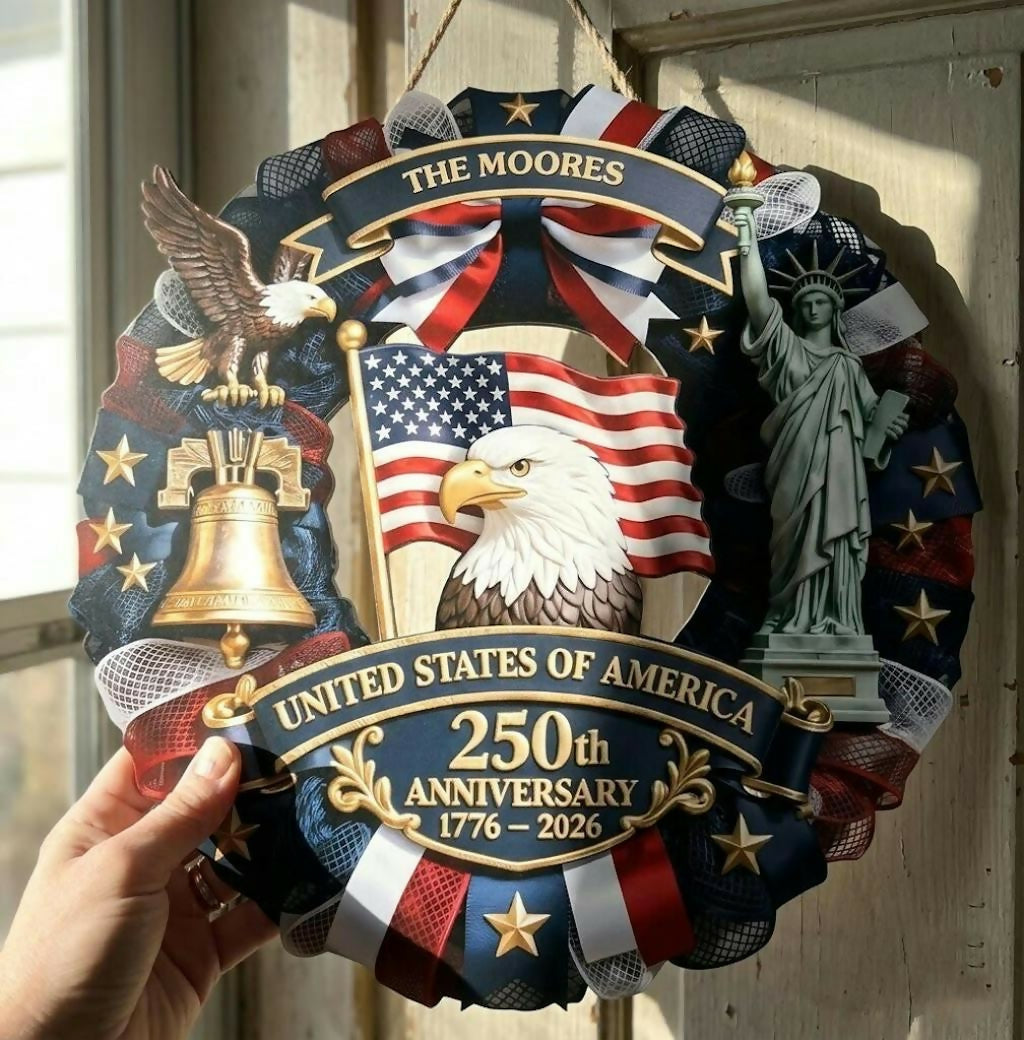 Personalized America 250th Anniversary Wood Wreath 1776-2026 Patriotic Door Sign Semiquincentennial Family Name Decor- on Lucasgift