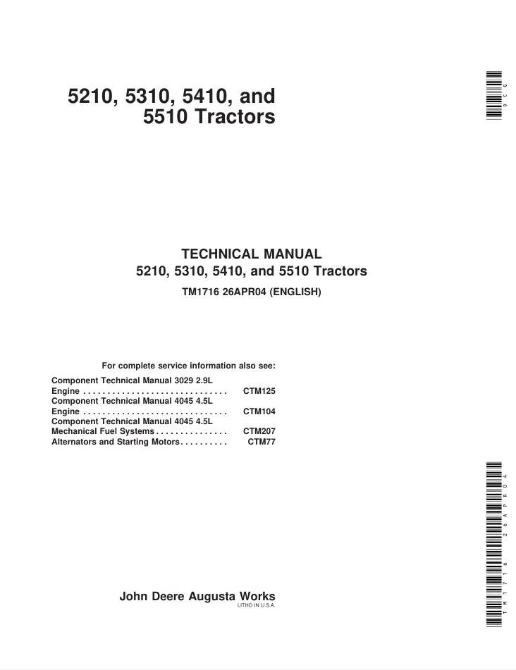 John Deere 5210 5310 5410 5510 Tractor Technical Repair Manual TM1716- on Lucasgift