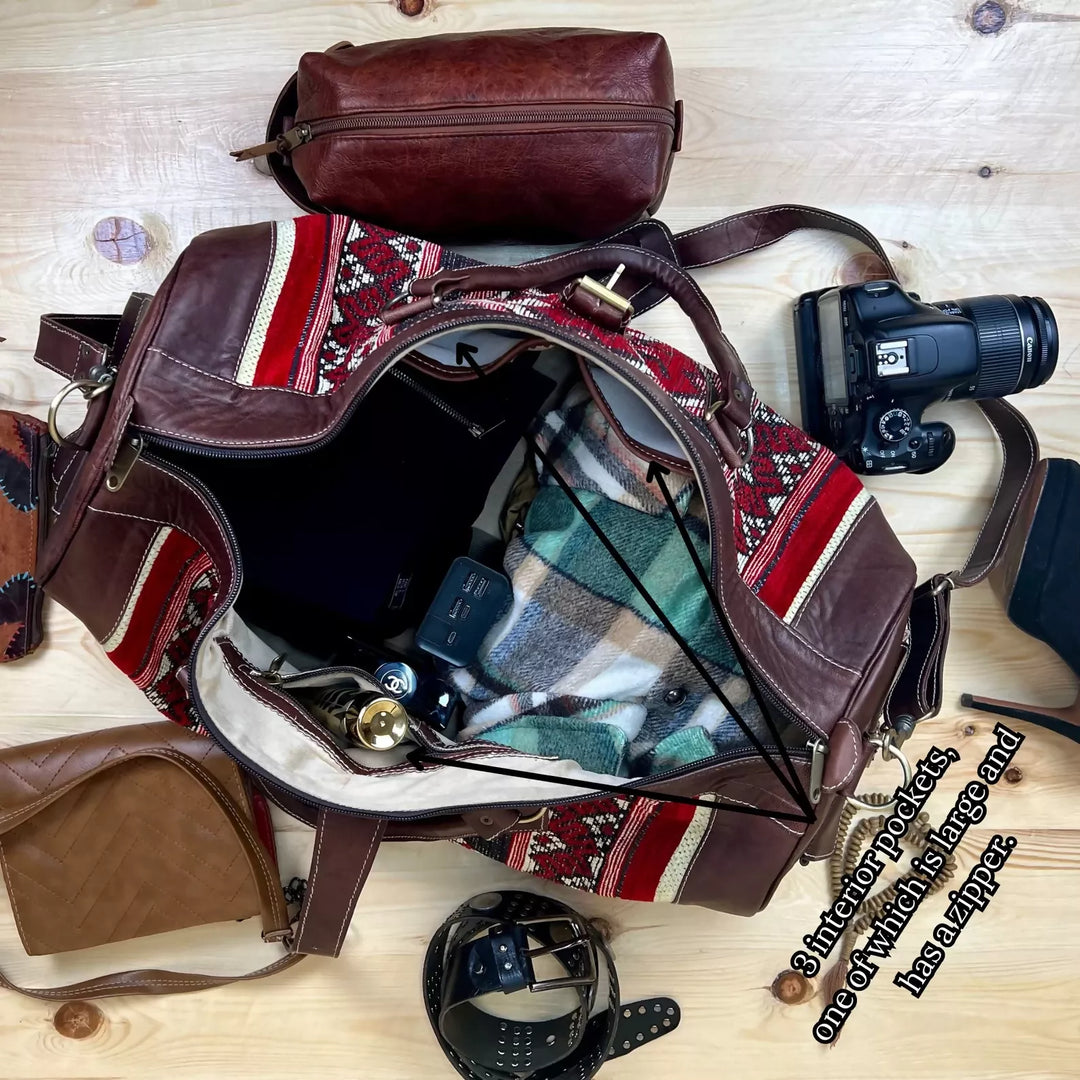 Personalized Kilim Travel Bag With Original Leather, Weekender Leather Bag for Woman or men, Red Carpet Travel Bag, Carp- on Lucasgift
