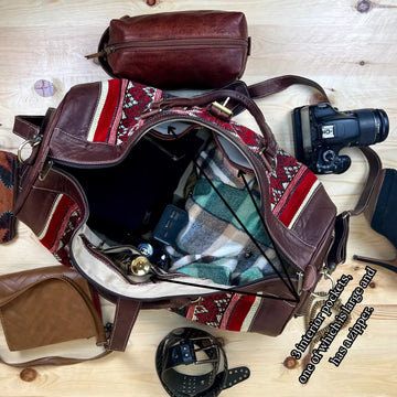 Personalized Kilim Travel Bag With Original Leather, Weekender Leather Bag for Woman or men, Red Carpet Travel Bag, Carp- on Lucasgift