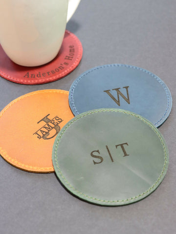 Set of 4 Personalized Full Grain Leather Coaster: Engraved Roman Numeral Decor, Anniversary Gift