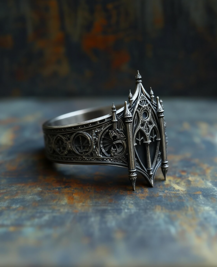 Cathedral Spire Ring — Handcrafted Sterling Silver Gothic Crown Band • Miniature Chapel Statement Ring- on Lucasgift