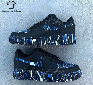 Custom Blue Splatter Black AF1 Sneakers, Hand Painted Personalized Shoes