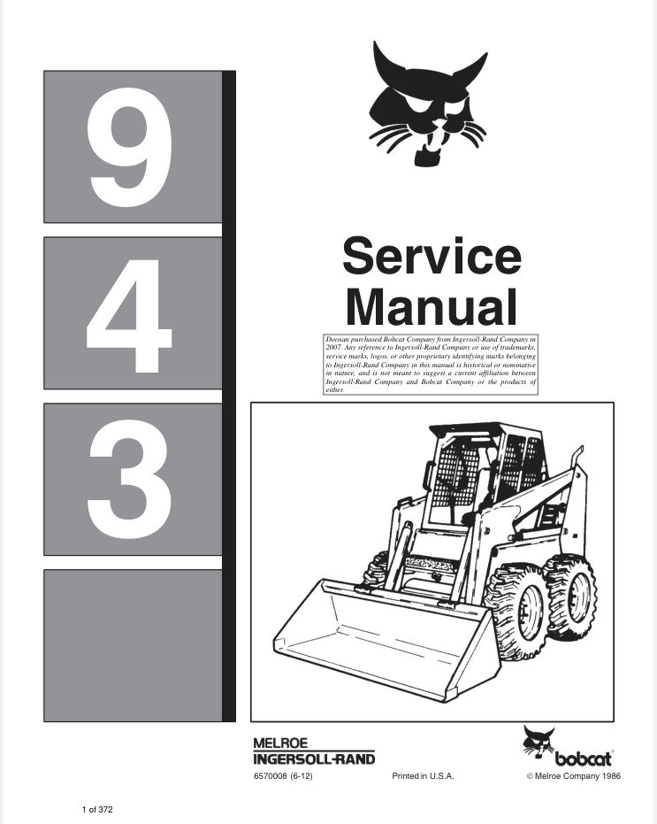 BOBCAT 943 SKID STEER SERVICE SHOP REPAIR MANUAL- on Lucasgift