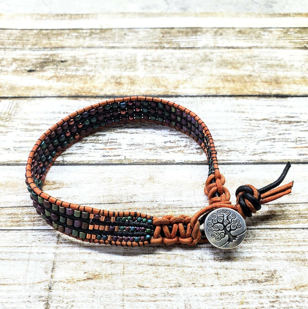 X-Large Men's Leather Intricate Bead Work Tree Of Life Button Bracelet- on Lucasgift
