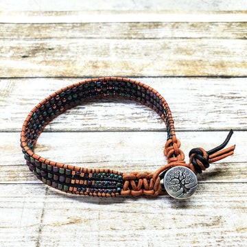 X-Large Men's Leather Intricate Bead Work Tree Of Life Button Bracelet- on Lucasgift