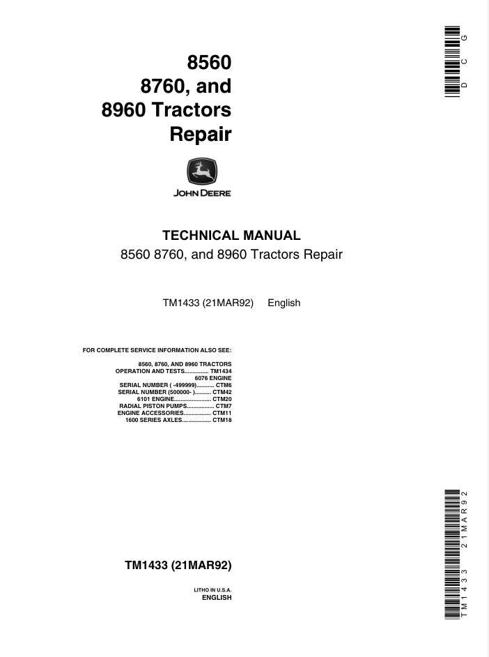 John Deere 8560 8760 8960 SET Tractors Technical Repair Manual TM1433- on Lucasgift
