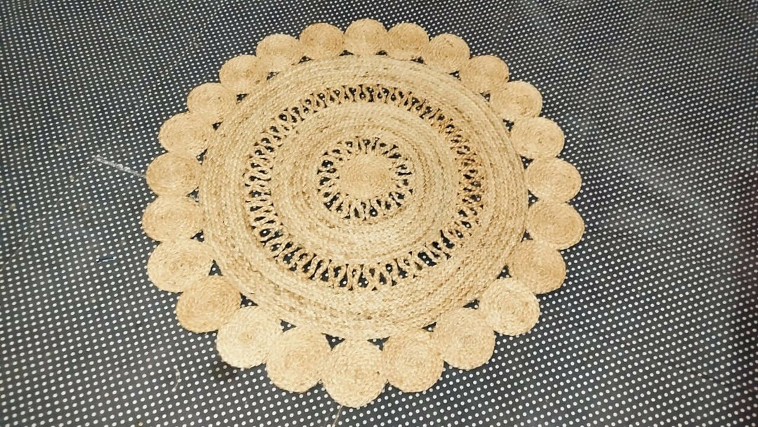 Sonia Artisan Collections | Natural Jute Scalloped Round Rug | Handmade Rustic Boho Decor- on Lucasgift