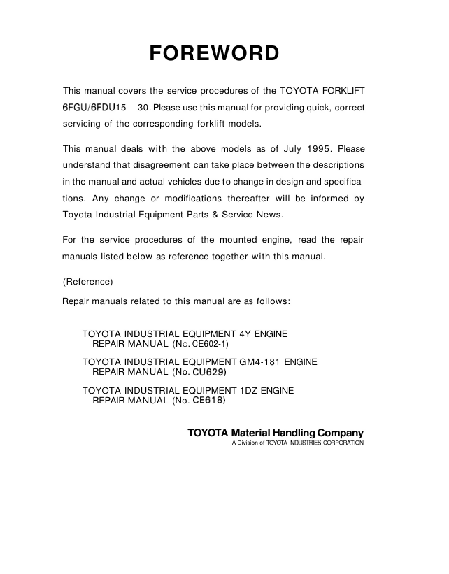 TOYOTA FORKLIFT 42-6FGU18 SERVICE REPAIR MANUAL- on Lucasgift