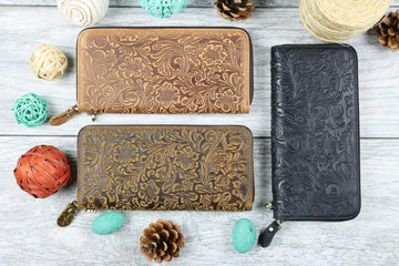 Women's Leather Zip Wallet with Flower Embossing , Real Leather, Same Day Shipping, Free Shipping US- on Lucasgift