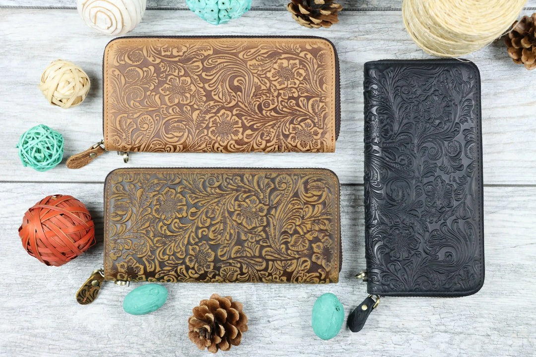 Women's Leather Zip Wallet with Flower Embossing , Real Leather, Same Day Shipping, Free Shipping US-Lucasgift