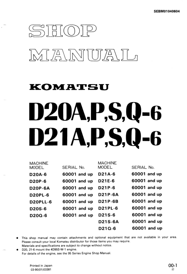 KOMATSU D20APSQ-6 BULLDOZER SERVICE REPAIR MANUAL- on Lucasgift