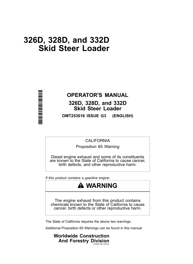 JOHN DEERE 326D 328D 332D SKID STEER LOADER OPERATORS MANUAL- on Lucasgift
