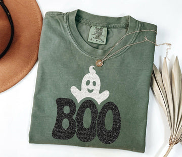 Boo shirt, Glitter boo tee,Halloween comfor colors tee,Glitter boo tee, cute boo tee, boo outfit-Comfort color S-Moss on Lucasgift