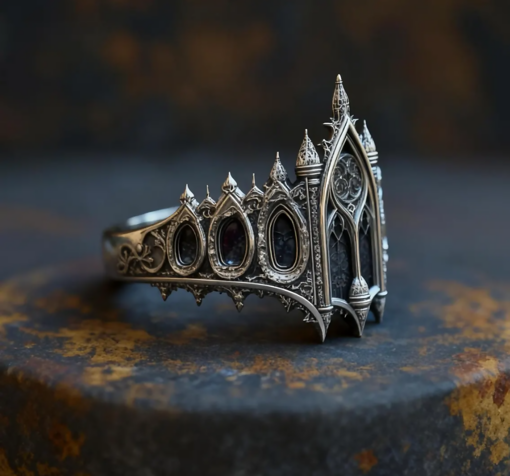 Cathedral Crown Ring, Handmade Sterling Silver Gothic Architectural Statement Band- on Lucasgift