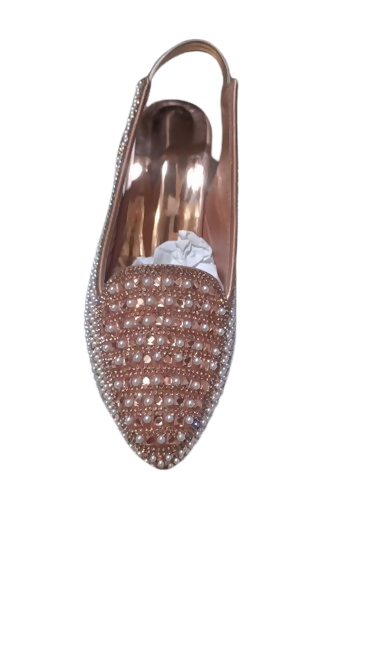 Women's Rose Gold Pearl Embellished Slingback Block Heel Sandals Party Shoes