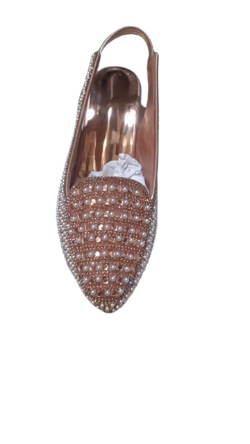 Women's Rose Gold Pearl Embellished Slingback Block Heel Sandals Party Shoes