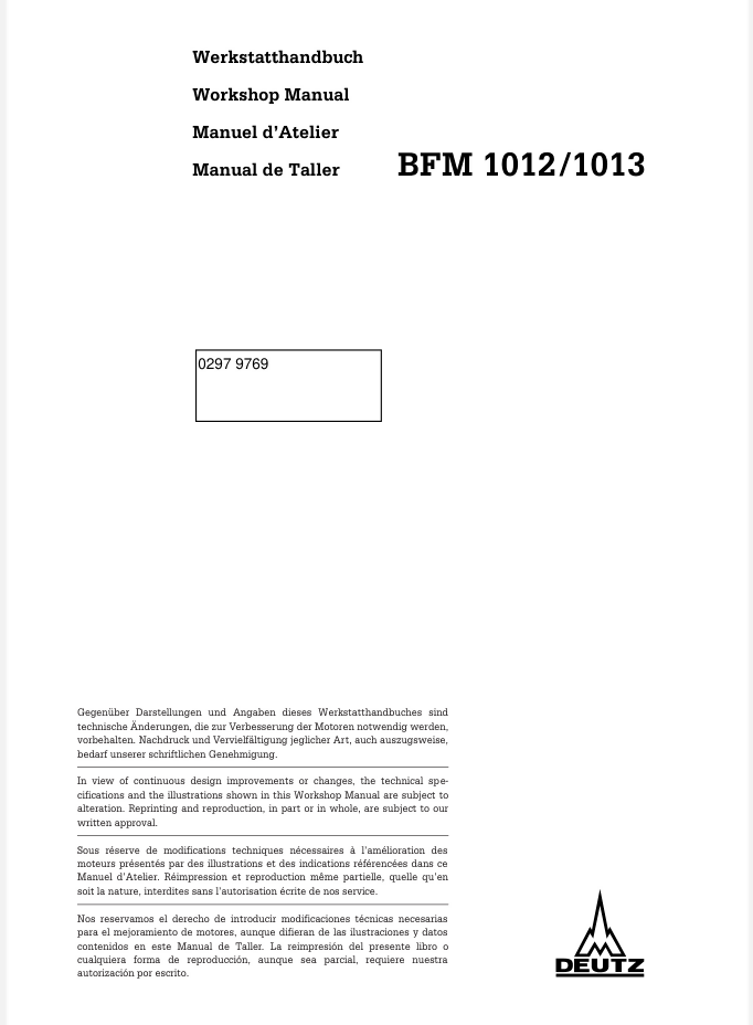 Deutz B/F/M 1012/1013 0297 Engine Technical Workshop Repair Manual- on Lucasgift