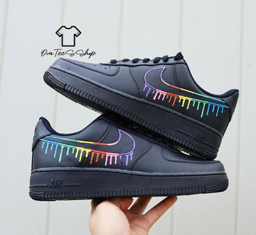Custom Rainbow Drip Black AF1 Sneakers, Hand Painted Personalized Shoes