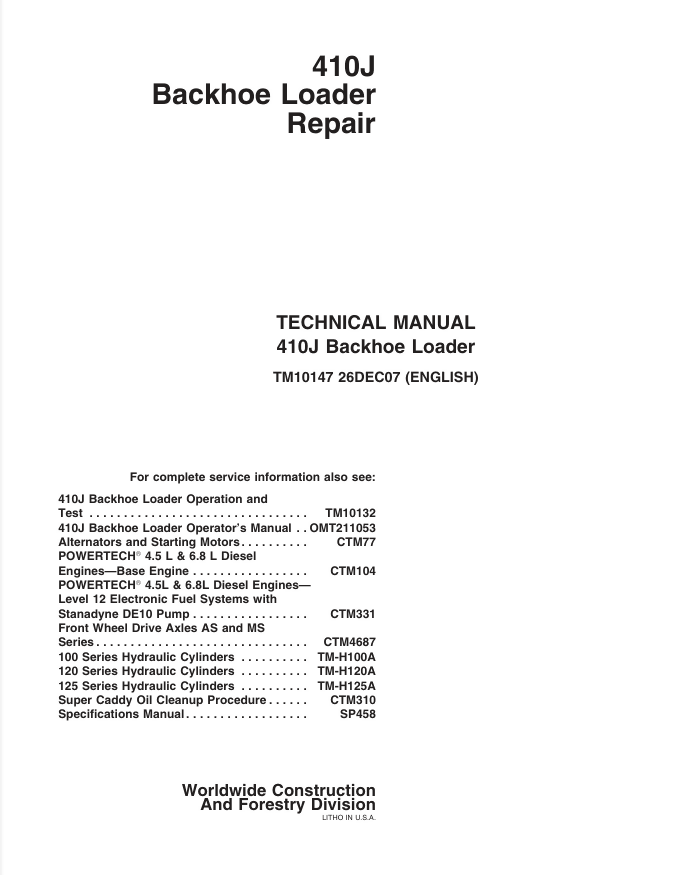 John Deere 410J Backhoe Repair Technical Service Manual- on Lucasgift