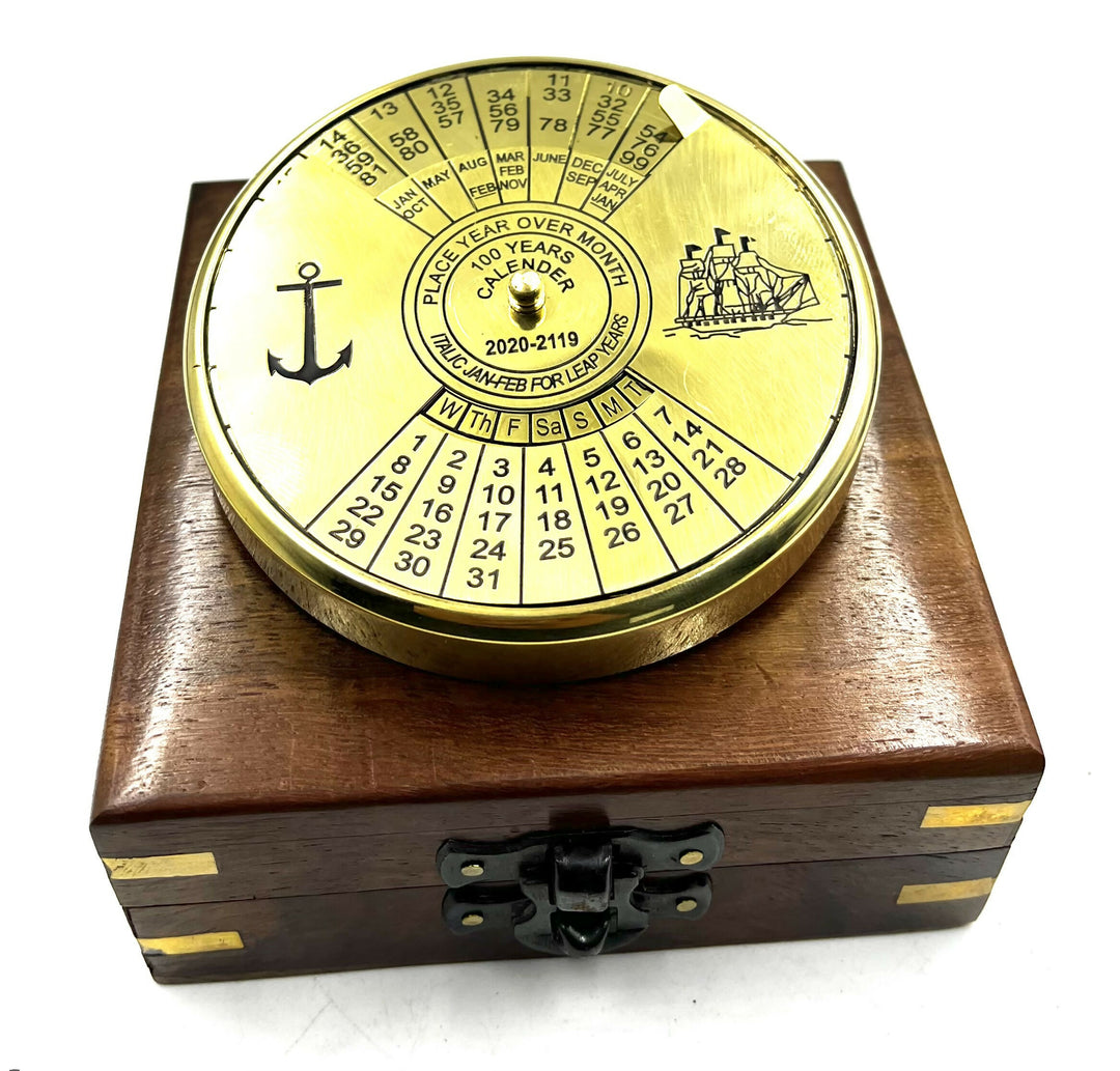 Shiny Finish Brass Calendar Paper Weight with wood box Maritime Gift Item- on Lucasgift
