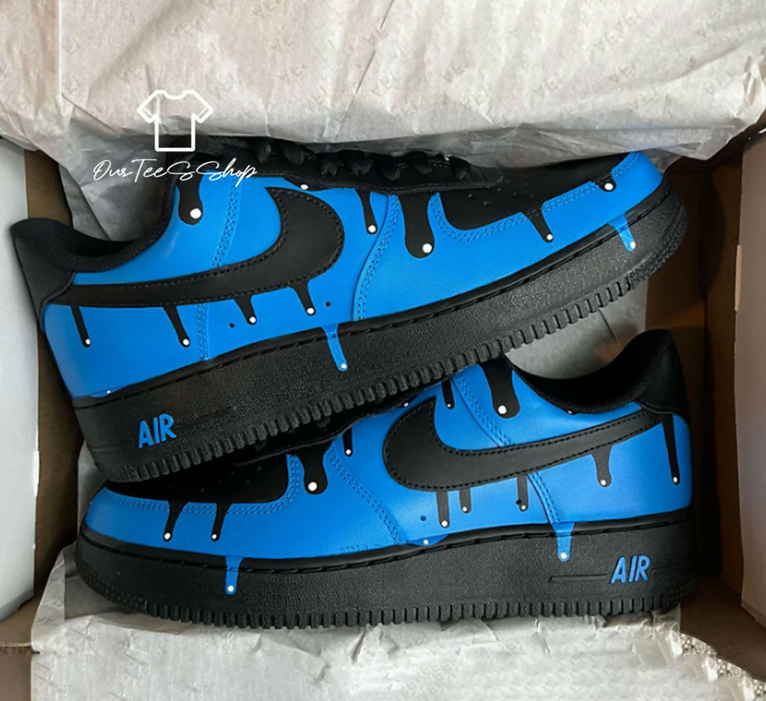 Custom Blue Drip Black AF1 Sneakers, Hand Painted Personalized Shoes
