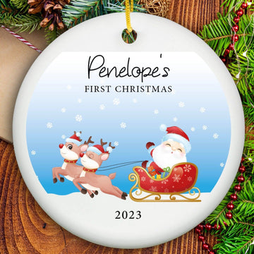 Personalized Santa's Reindeer Baby's First Christmas Ornament - Ceramic
