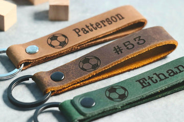 SLIM Soccer Ball Keychain, Personalized Sports Keychain, Team Gifts, Player Gifts, Soccer Gift, LEATHER KEYCHAIN- on Lucasgift