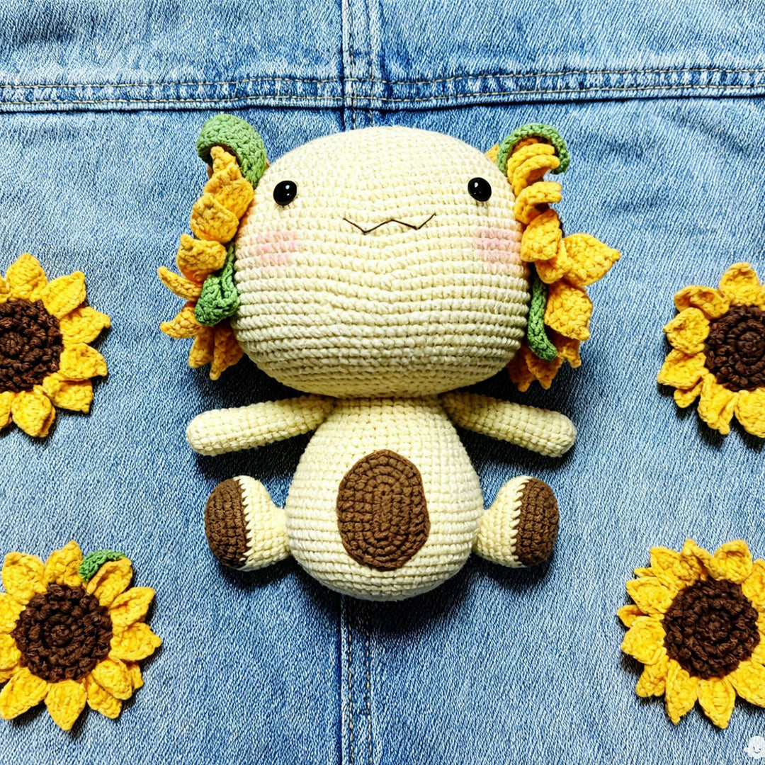 Sunflower Ear Axolotl Crochet Plush | Handmade Knitted Stuffed Animal | Kawaii Decor Gift- on Lucasgift