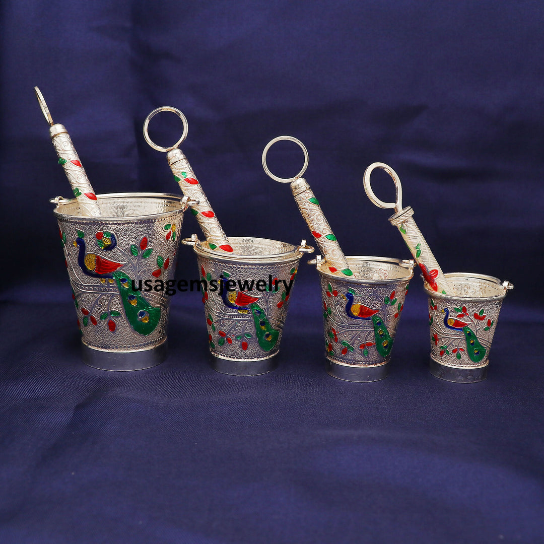 Pure Silver Multi Size Mini Pichkari Set Peacock Design Handcrafted Holi Decor | Weight Assorted BJ1016- on Lucasgift