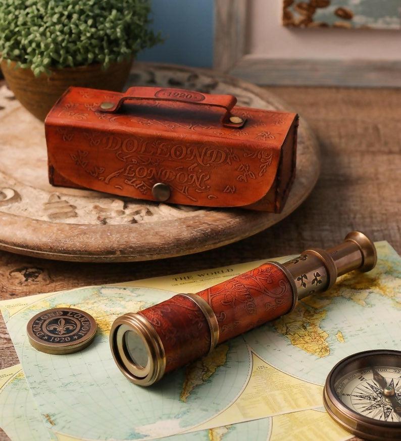 Copy of Personalized Nautical Vintage Brass & Leather Handheld Functional Telescope With Leather Case - Pirate Spyglass, Sailor Gift, Gift for Dad- on Lucasgift