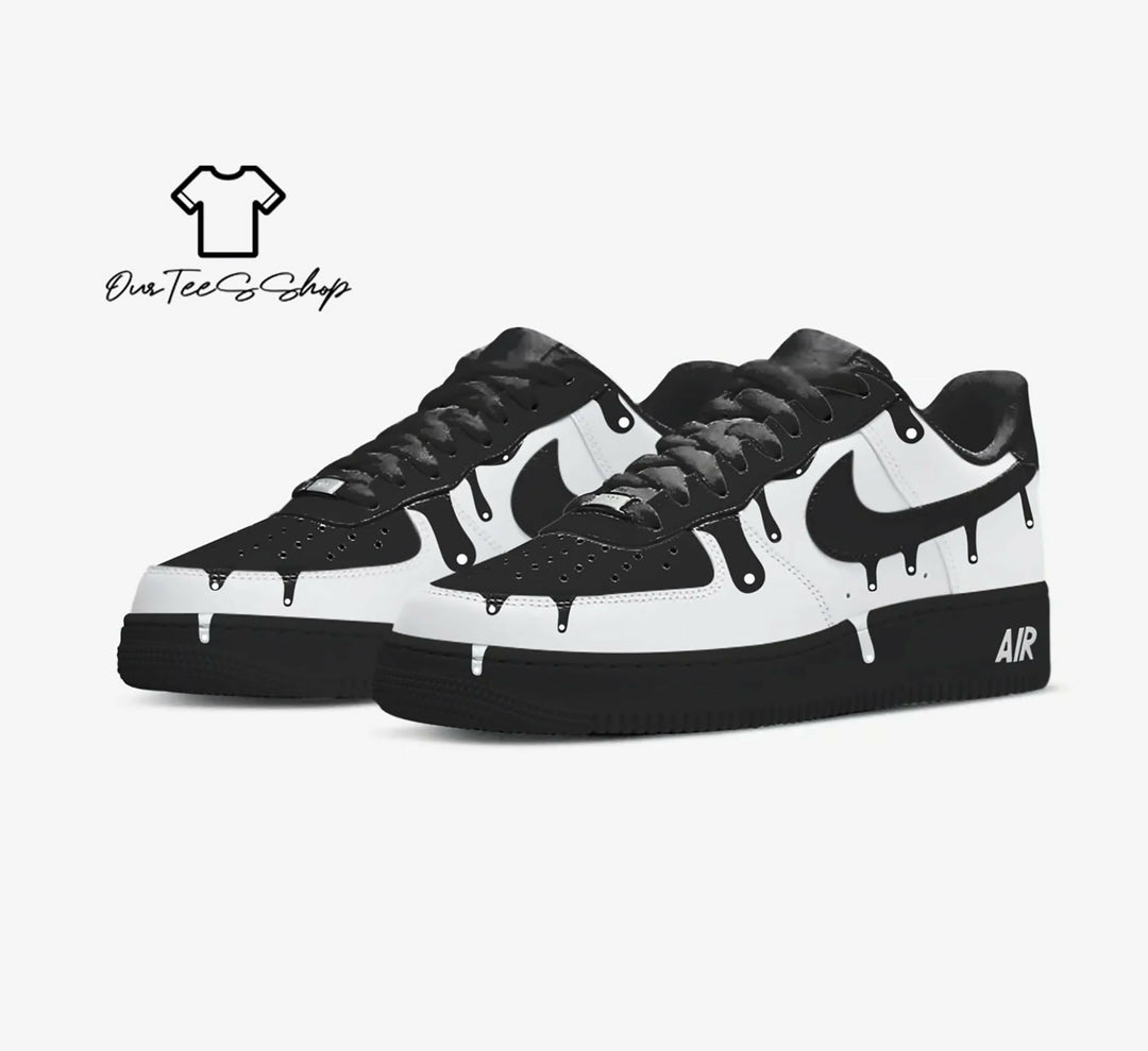 Custom White Drip Black AF1 Sneakers, Hand Painted Personalized Shoes
