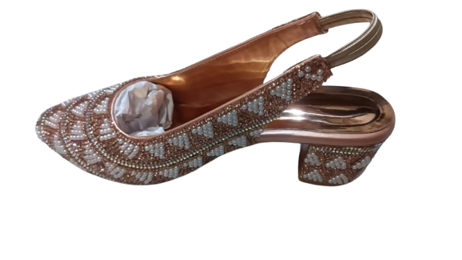 Women's Rose Gold Pearl Embellished Slingback Block Heel Sandals Party Shoes