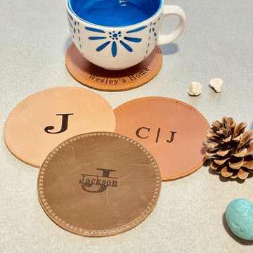 PERSONALIZED COASTERS, Customized Round Whiskey Coasters, 3rd Anniversary Leather Gift For Husband/Wife